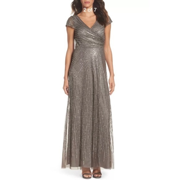 NEW $299 Adrianna Papell Sequin Faux Wrap Gown‎ in Lead [SZ 14 ] - Picture 7 of 10